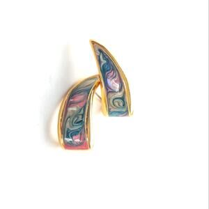 Vintage Estate 80s Watercolor Swirled Enamel Gold Tone Post Stud Earrings
